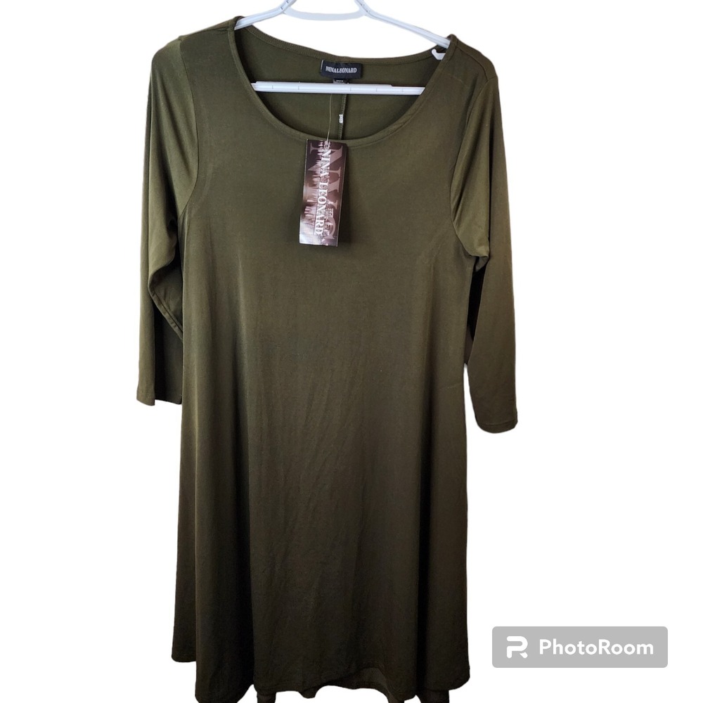 New Nina Leonard Minimalist Dress Pockets 3/4 Sleeves Olive‎ Green Size Small